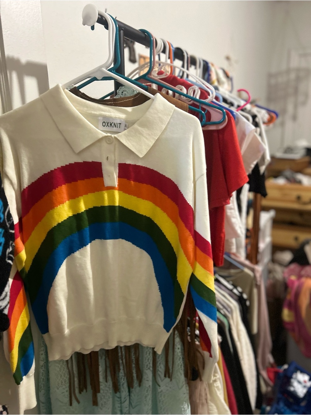 OXKNIT Kids Rainbow Polo Sweater - White with Multi-Color RAD rainbow sweater - Picture 2 of 2